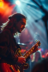 Obraz premium Musician Captivates Audience with Guitar Performance on Vibrant Stage