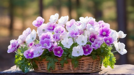 Anemones in basket with blurred backdrop.