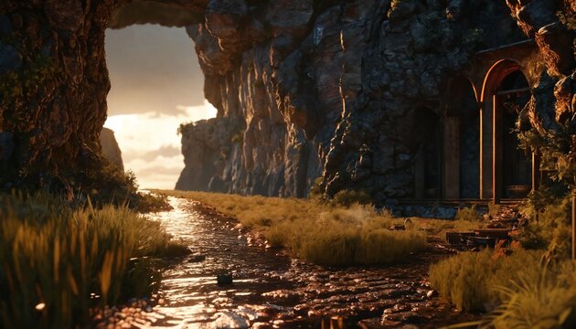 cave with architectural stakes
