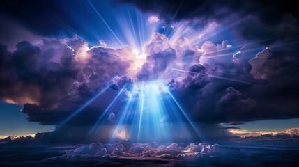 A fine art photo of light rays breaking through dark clouds.