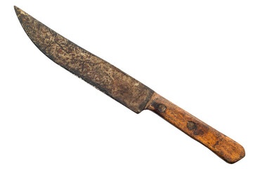 An old rusty knife isolated on a white background. A knife with a wooden handle.