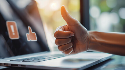 Positive online review concept image with a hand doing a thumbs-up