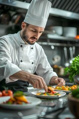 Professional Chef Focused on Preparing Gourmet Dish in High End Restaurant Kitchen