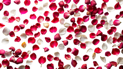 Rose petals lying on a white, ariel view.