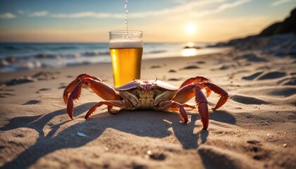 A crab on a sandy beach and a glass of beer. Beer and a crab on the seashore. Ocean coast, crab and beer.