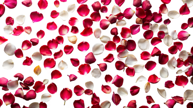 Rose petals lying on a white, ariel view.