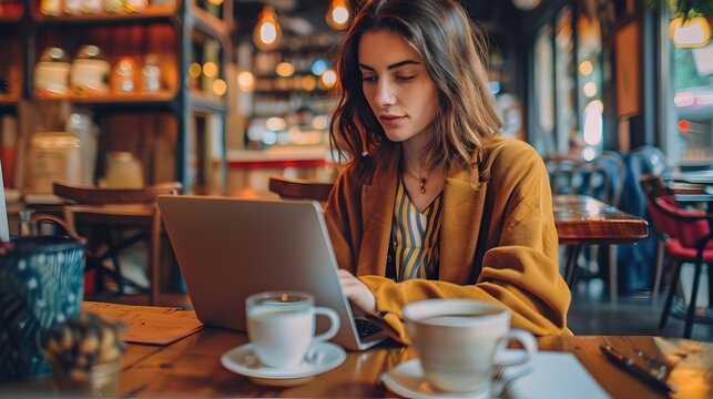 Young woman entrepreneur working on laptop in cozy cafe with coffee and notebook