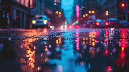 Luminescent neon lights reflecting in rain-soaked city streets at dusk