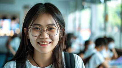 Fototapeta premium portrait cheerful female of student in the classroom to convey the spirit study