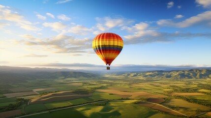 a hot air balloon floating over a picturesque landscape, casting a shadow on the rolling hills and farmland below. 
