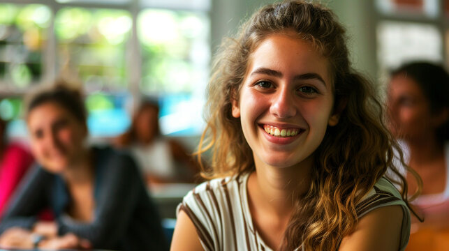 portrait cheerful female of student in the classroom to convey the spirit study