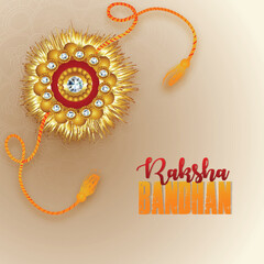 Indian festival happy raksha bandhan celebration card with realistic golden rakhi