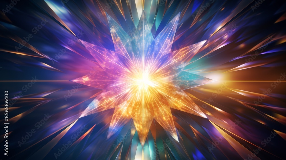 Poster mesmerizing kaleidoscope of colors and patterns created by the diffraction of light through a prism of shiny gold foil. 