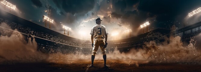 Baseball player ready in the stadium displayed in a wide banner with copy space.