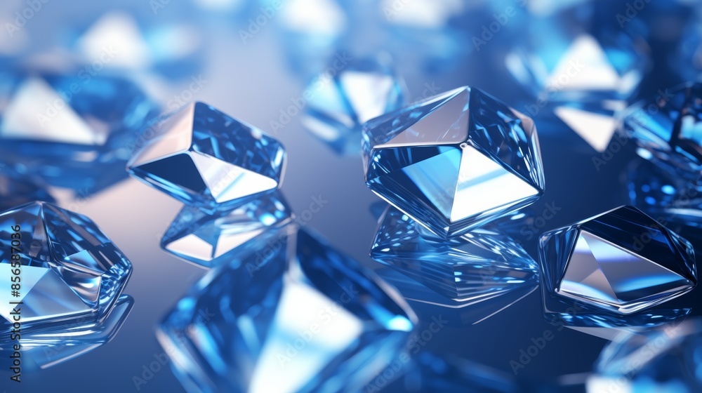 Poster photograph of a modern abstract blue background with diamonds and squares in a random geometric pattern, featuring a metallic sheen and a futuristic aesthetic. 