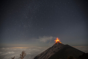 night scene of volcano erupting in guatemala