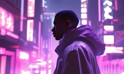 Fototapeta premium a man against the backdrop of a neon city