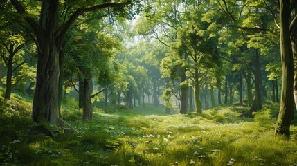 Verdant forest scene with vibrant foliage and natural sunlight. Peaceful outdoor landscape
