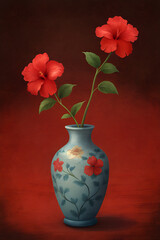 Still life with a Chinese vase and red flowers.
