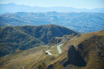 A natural mountain landscape. The road through the Gumbashi Pass, Karachay-Cherkess Republic, Russia