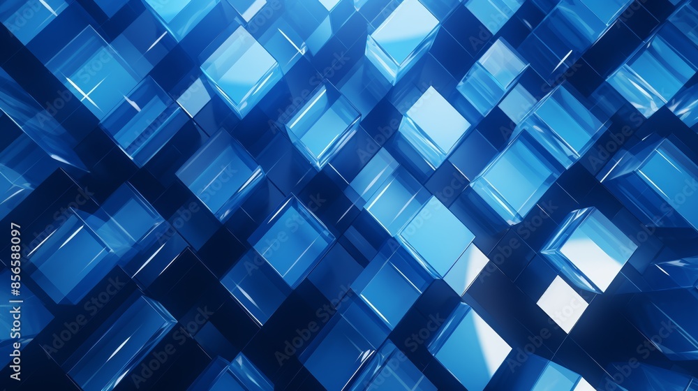 Poster  modern abstract blue background with interlocking diamonds and squares in a complex geometric pattern. 