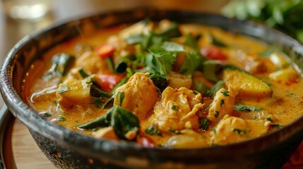 A food critic tastes a creamy coconutbased curry with chunks of tender chicken and fresh vegetables. The es create a perfect balance of heat and sweetness.