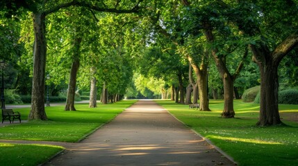 A winding path through a lush, green forest with sunlight dappling the ground.