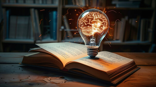 Bright brain and bright light bulb with book, innovation concept, self learning or education knowledge and business study concept.