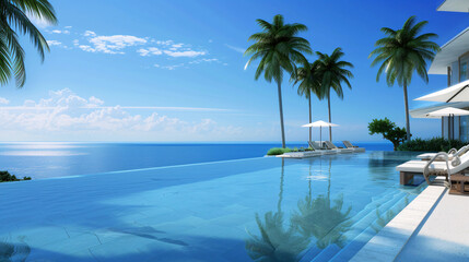 a pool with palm trees and chairs on it