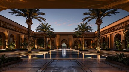 Luxurious resort hotel garden design with arcade arcs.