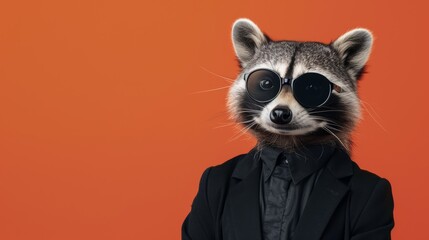 A dapper raccoon in a suit and glasses smiles slyly against a vibrant orange background.