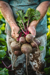 Farm worker holding beetroots at an organic farm