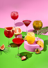 Colorful Tropical Cocktails with Fresh Fruits on Vibrant Backgrounds