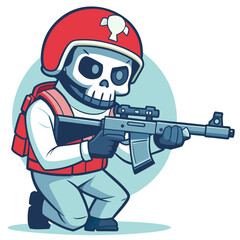 Skeleton wearing full military gear with machine gun vector illustration