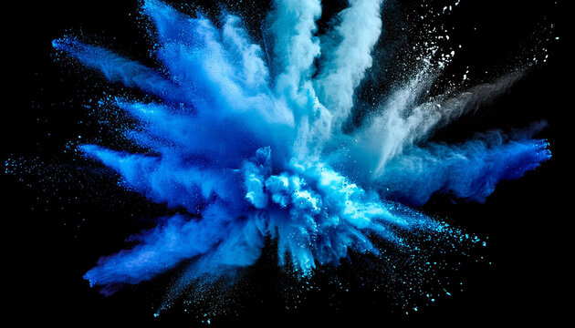 Blue powder explosion isolated on a black background. biue dust particles splash. Color Holi