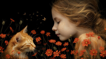 花畑に佇む少女と猫の静かな時間