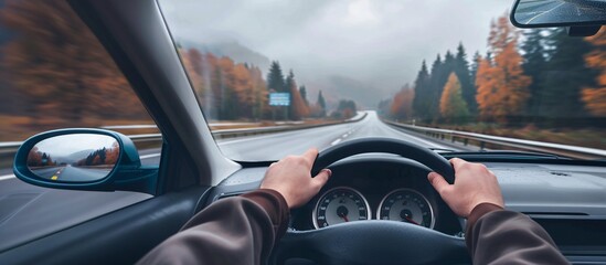 Driving car POV on highway captures motion and travel.