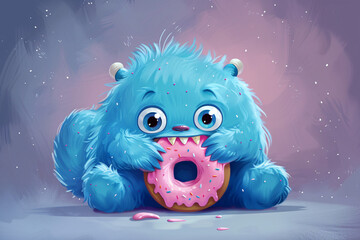 Funny baby monster with donut, cute blue chubby character eating glazed donut, perfect for National Donut Day or Fat Thursday advertising and menu covers.
