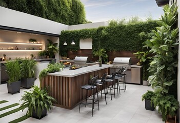 Capture the essence of an outdoor entertainment area featuring a built-in barbecue bar surrounded by lush plants.