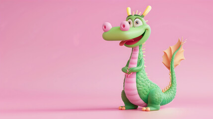 Obraz premium An adorable, colorful cartoon dragon with a playful expression, set against a pink background. The dragon is cheerful and friendly, evoking a sense of fun and whimsy.