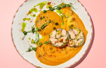 Elegant Salmon Roulade with Spinach and Sweet Potato Puree on Artistic Plate
