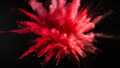 red powder explosion isolated on black background. red dust particles splash. Color Holi Fes