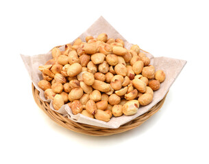 Dried peanuts in closeup on white