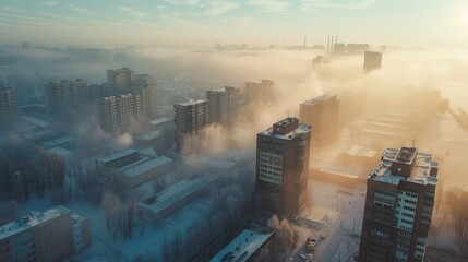 An aerial view of a city shrouded in fog, with buildings emerging through the mist.  The warm glow of sunrise bathes the scene in a soft light.