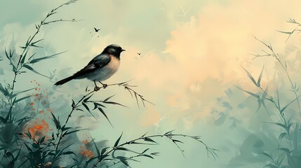Green and blue sky bamboo and bird illustration poster background