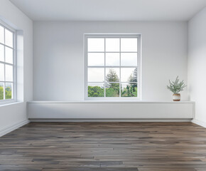 Fototapeta premium Stylish sideboard in a luxury apartment next to a window filling the room with natural lighting. Residential interior design composition for Real Estate with copy space.