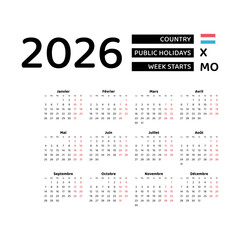 Luxembourg Calendar 2026. Week starts from Monday. Vector graphic design. French language.