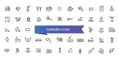 Garden icon collection. Related to plant, flowers, trees, watering can, fence, cultivate and gardening icons. Line icon collection.