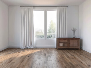 Stylish sideboard in a luxury apartment next to a window filling the room with natural lighting. Residential interior design composition for Real Estate with copy space.