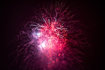 Pink fireworks explode in the night sky. Selective focus.